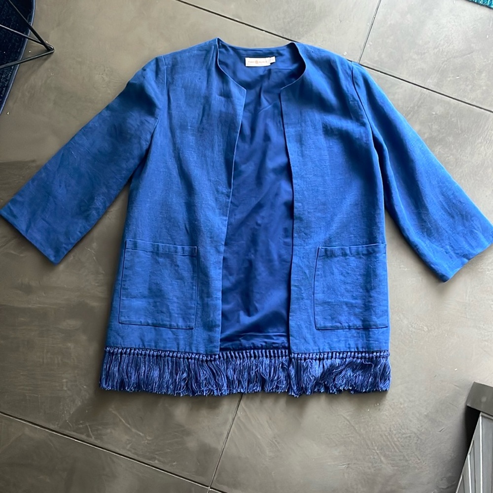 Tory Burch Emily Blue Fringe Trim Jacket Size 4